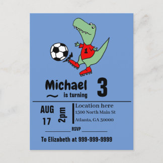 Postal De Invitación Cute T-rex dinosaur Fútbol Fiesta de cumpleaños