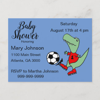 Postal De Invitación Cute T-rex Dinosaur Jugando Fútbol Baby Shower
