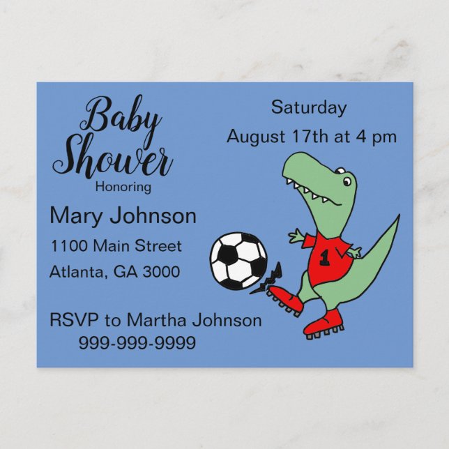 Postal De Invitación Cute T-rex Dinosaur Jugando Fútbol Baby Shower (Anverso)