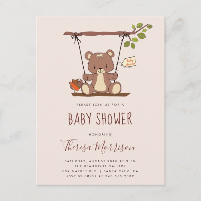 Postal De Invitación Cute Teddy Bear Sexo Neutral Baby Shower (Anverso)