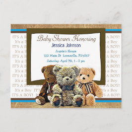 Postal De Invitación Cute Teddy Oso del Baby Shower de un chico con tem