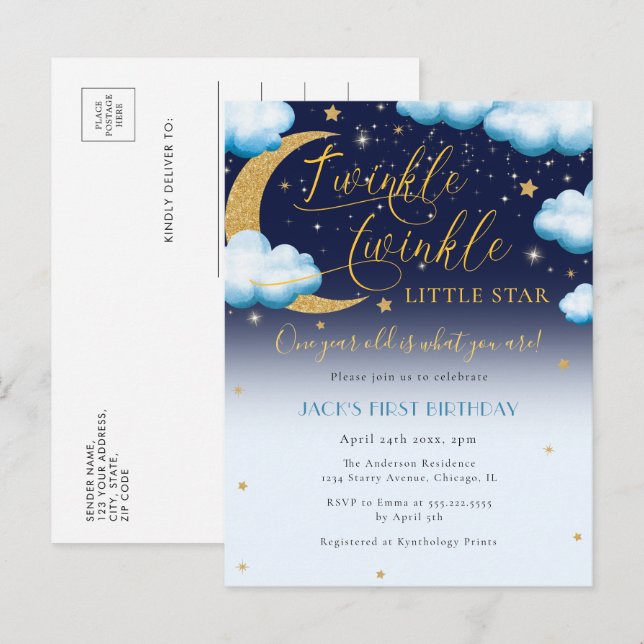 Postal De Invitación Cute Twinkle Little Star Blue Boy Primer cumpleaño (Anverso / Reverso)