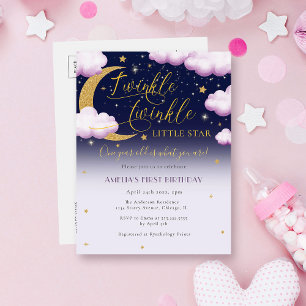 Postal De Invitación Cute Twinkle Pequeño Chica Estrella Primer Cumplea