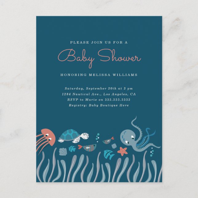 Postal De Invitación Cute Under the Sea Ocean Critters Baby Shower (Anverso)