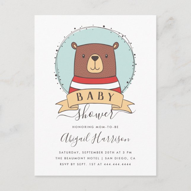 Postal De Invitación Cute Woodland Bear Boy Baby Shower (Anverso)