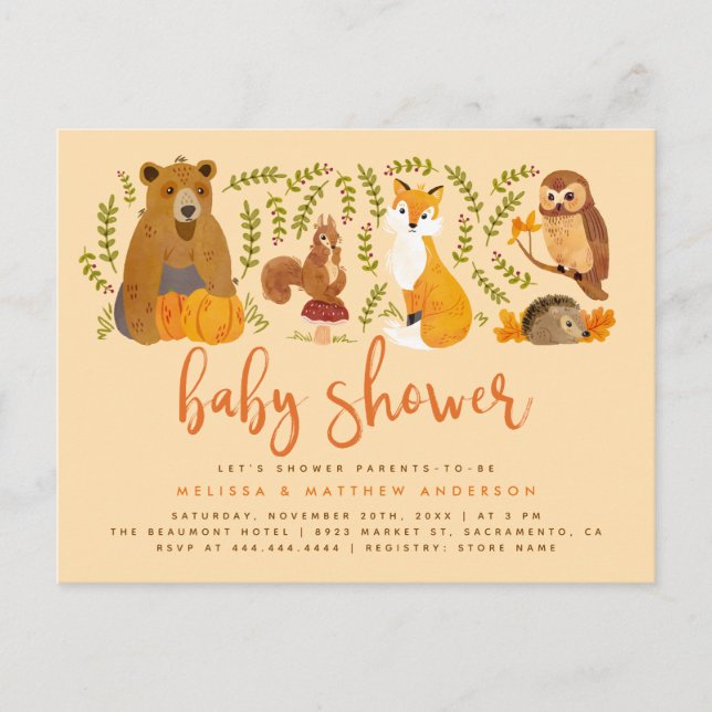 Postal De Invitación Cute Woodland Forest Animals Pumpkin Baby Shower (Anverso)