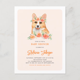 Postal De Invitación Cuto acuarela Corgi Peach Floral Baby Shower