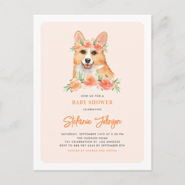 Postal De Invitación Cuto acuarela Corgi Peach Floral Baby Shower (Anverso)