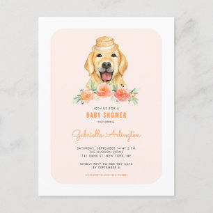 Postal De Invitación Cuto Golden Retriever Peach Floral Baby Shower