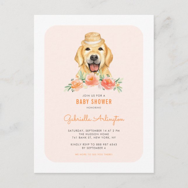 Postal De Invitación Cuto Golden Retriever Peach Floral Baby Shower (Anverso)