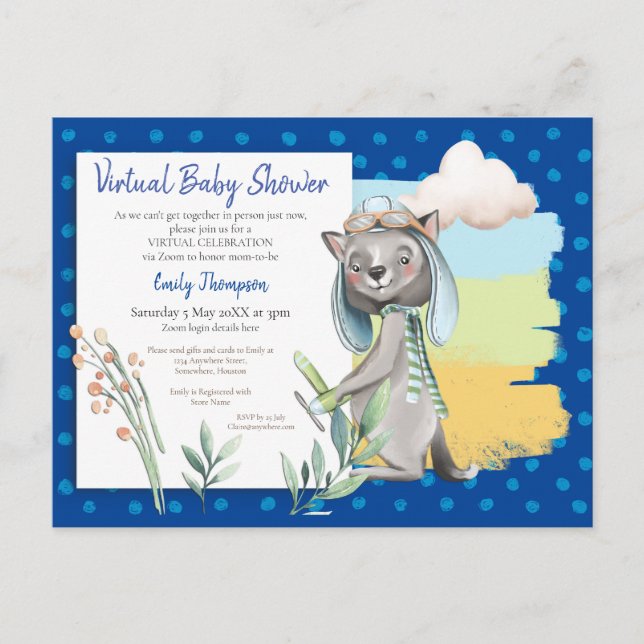 Postal De Invitación Cuto Pilot Wolf Polka Dot Blue Baby Shower virtual (Anverso)