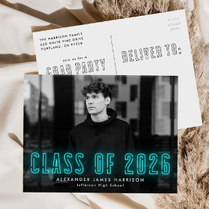 Postal De Invitación Cyan Neon, clase de 2025, partido de graduación fo