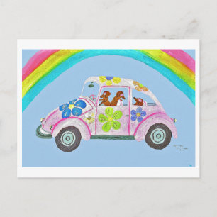 Postal De Invitación Dachshunds en un auto hippie bajo un arcoíris