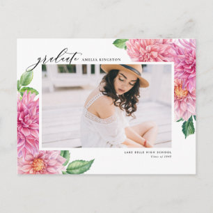 Postal De Invitación Dahlia Botánica de Color Rosa en Acuarela para Gra