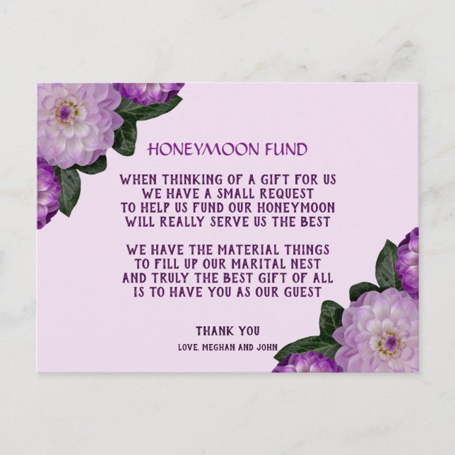 Postal De Invitación Dahlia Purple Lavender Lilac Floral Honeymoon (Anverso)