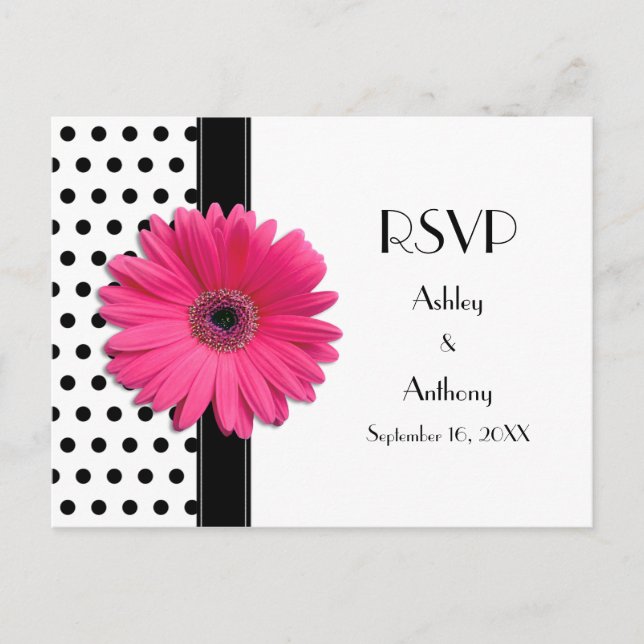 Postal De Invitación Daisy rosado Polka blanco negro Boda de puntos RSV (Anverso)