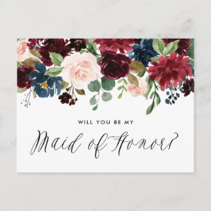 Postal De Invitación Dama de Honor con Guirnalda Floral Burgundy y Azul