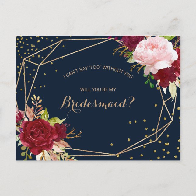 Postal De Invitación Dama de honor tropical roja y brillo dorado geomét (Anverso)