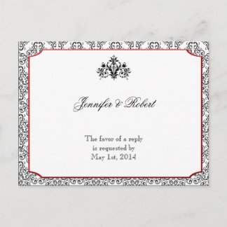 Postal De Invitación Damasco blanco y negro con RSVP de acento rojo
