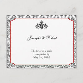 Postal De Invitación Damasco blanco y negro con RSVP de acento rojo