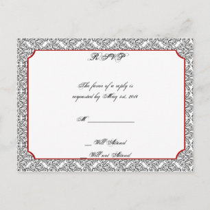 Postal De Invitación Damasco blanco y negro con RSVP que se casa rojo