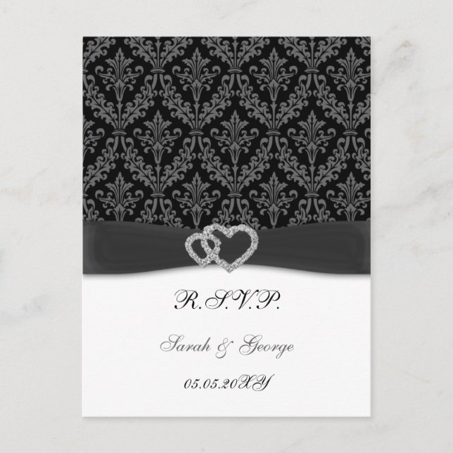 Postal De Invitación damasco diamante boda carbonero RSVP (Anverso)