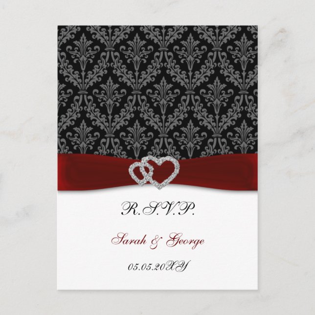 Postal De Invitación damasco diamante boda roja RSVP (Anverso)