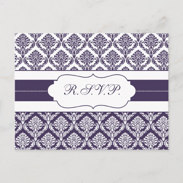 Postal De Invitación damasco morado rsvp (Anverso)