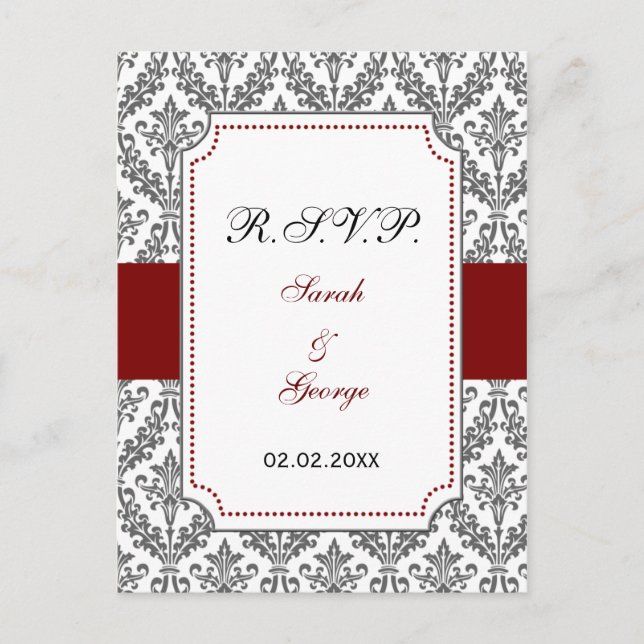 Postal De Invitación damasco rojo rsvp (Anverso)