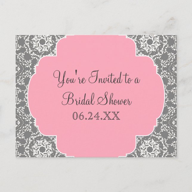 Postal De Invitación Damask AnnaLiese - Ducha de novia rosa y gris (Anverso)