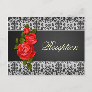Postal De Invitación Damask gris negro, rosas rojas Recepción de bodas