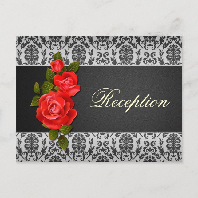 Postal De Invitación Damask negro gris, rosas rojas Boda Recepción (Anverso)