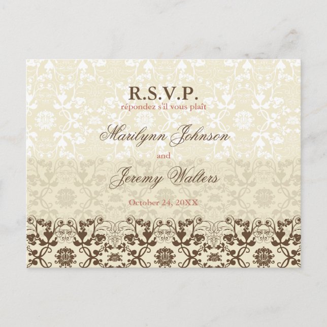 Postal De Invitación Damask Swirls Lace Café RSVP Boda Postcard (Anverso)