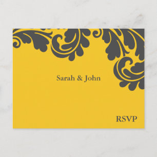 Postal De Invitación Damask Yellow and Grey Wedding RSVP