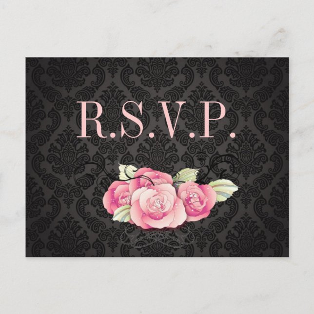 Postal De Invitación Dámaso negro gótico ducha rosa rosa rosa rosa de n (Anverso)