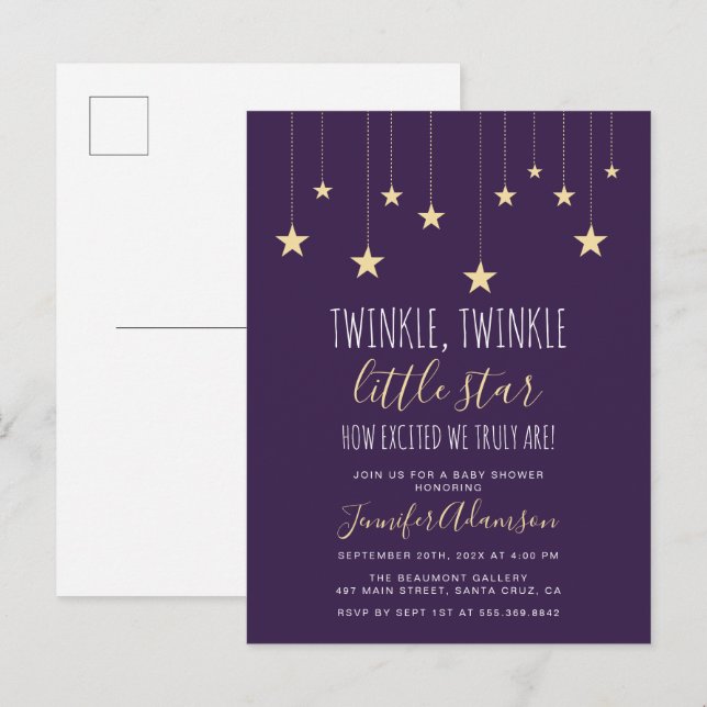 Postal De Invitación Darple Purple Twinkle Little Star Baby Shower (Anverso / Reverso)