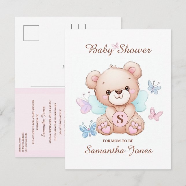 Postal de invitación de Baby Shower de oso limpio (Anverso / Reverso)