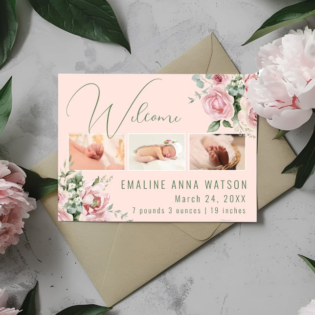 Postal de Invitación de bebé de rosa rosa rosa (Baby Girl photo watercolor floral baby girl birth announcement)