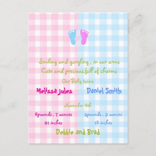 postal de invitación de bebé - gemelos (Anverso)