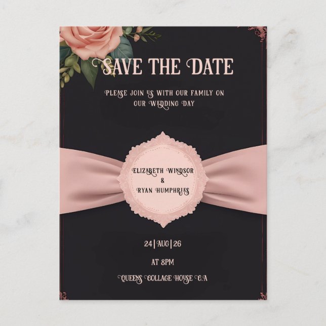 Postal de invitación de boda rosa (Anverso)