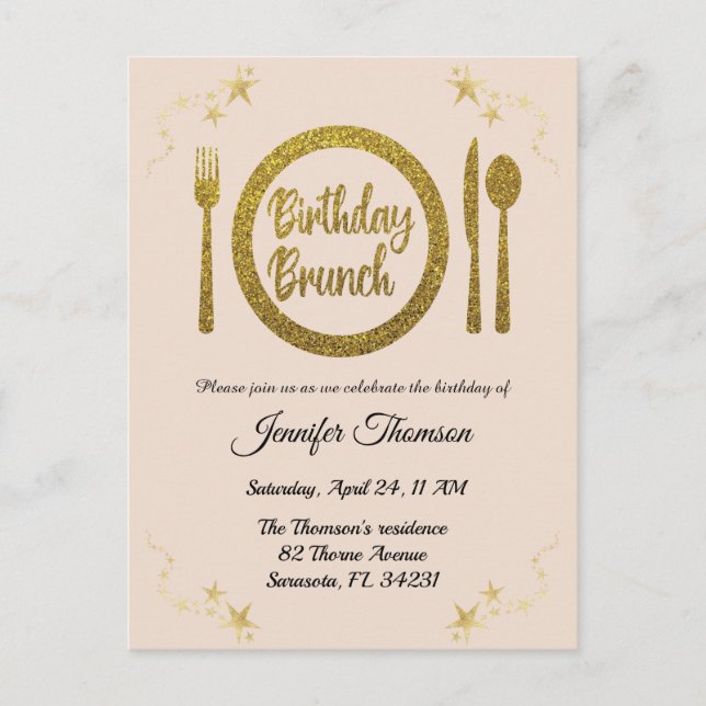 postal de invitación de brunch de cumpleaños de or (Anverso)