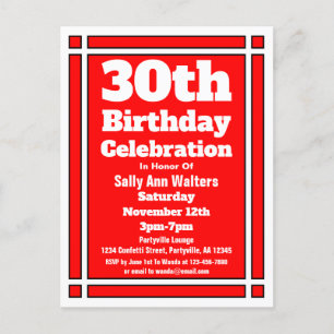 Postal de invitación de cumpleaños 30 roja