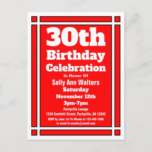 Postal de invitación de cumpleaños 30 roja (Anverso)