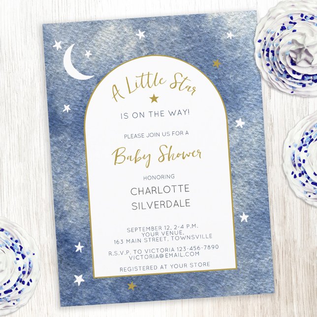 Postal de invitación de Little Star Baby Shower (A Little Star is on the Way watercolor navy blue, gold and white baby shower invitation postcard)