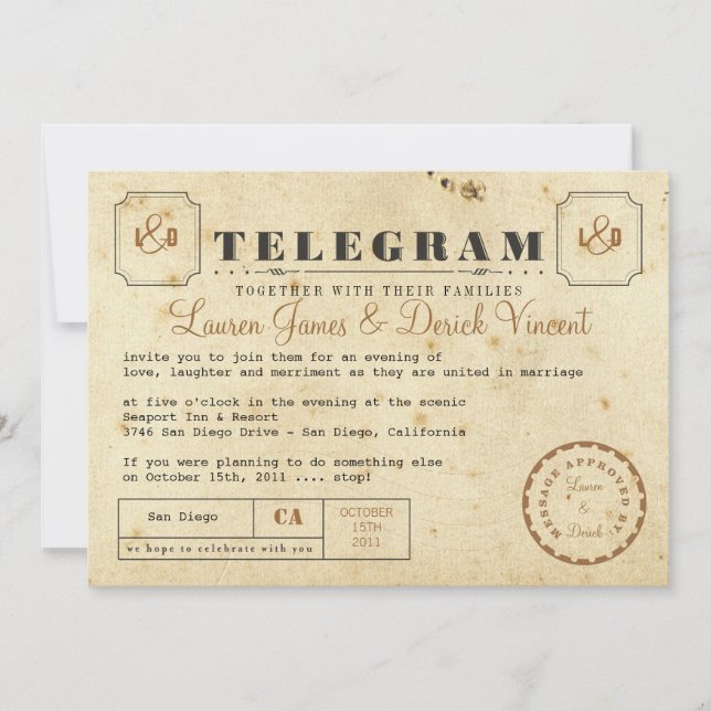Postal de invitación de Telegram vintage (Anverso)