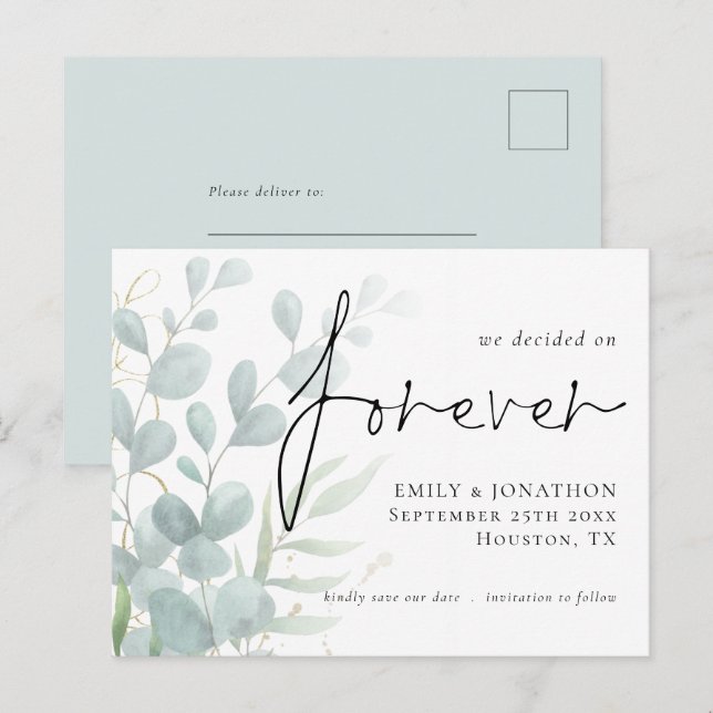 Postal De Invitación Decidimos por siempre Eucalyptus Guardar la fecha (Anverso / Reverso)