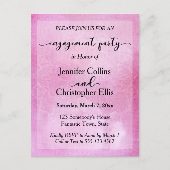Postal De Invitación Deep Pink Watercolor Mandala Engagement Party (Anverso)