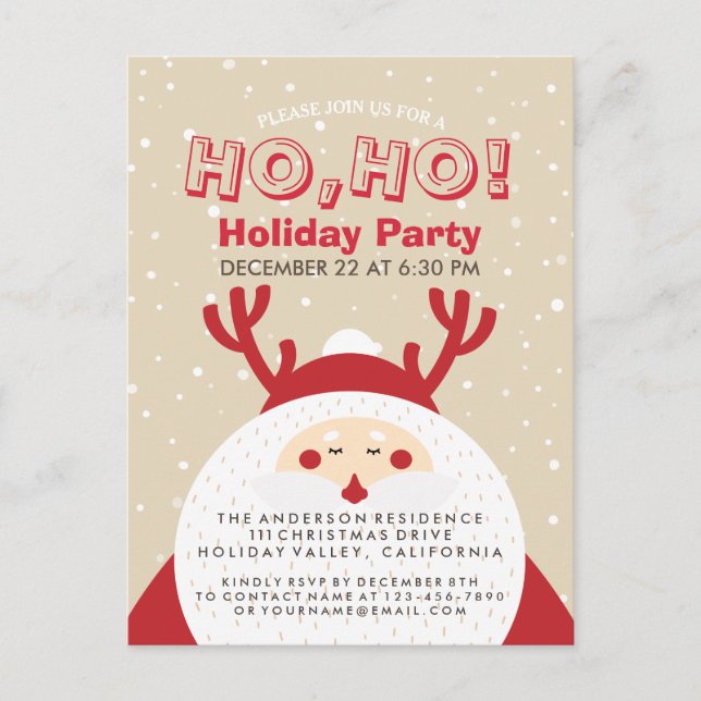 Postal De Invitación Deer Santa Navidades Ho, Ho, fiesta de vacaciones  (Anverso)