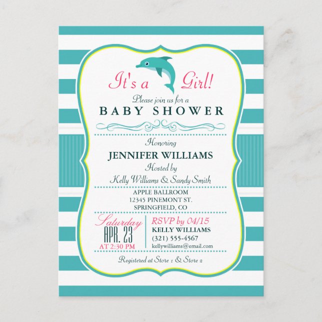 Postal De Invitación Delfín, elegante, tema náutico Baby Shower (Anverso)