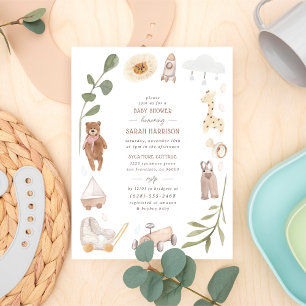 Postal De Invitación Delicada mano pintada de juguetes de niños Baby Sh